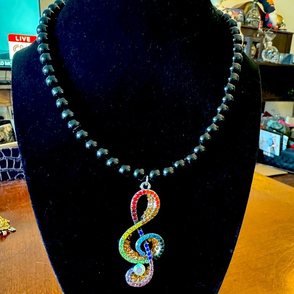 Rainbow Treble Clef, Music Pendant Charm Faux Black Pearl Beaded Necklace - Picture 9 of 9
